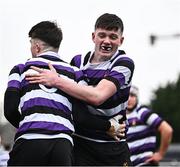6 February 2024; Senan Gavin and Tommy Smyth of Terenure College celebrate their side's first try the Bank of Ireland Leinster Schools Junior Cup Round 1 match between Newbridge College and Terenure College at Energia Park in Dublin. Photo by Harry Murphy/Sportsfile