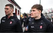 4 February 2024; Ethan Doherty, right, and Ciaran McFaul of Derry before the Allianz Football League Division 1 match between Derry and Tyrone at Celtic Park in Derry. Photo by Ramsey Cardy/Sportsfile