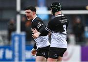 6 February 2024; Luke Kelly and Cillian O'Donovan of Newbridge College celebrate a penalty during the Bank of Ireland Leinster Schools Junior Cup Round 1 match between Newbridge College and Terenure College at Energia Park in Dublin. Photo by Harry Murphy/Sportsfile