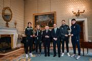 6 February 2024; The President of Ireland Michael D Higgins receives FAI President's Cup representatives, from left, Karen Duggan of Peamount United, Laurie Ryan of Athlone Town, League of Ireland director Mark Scanlon, Lee Grace of Shamrock Rovers and Joe Redmond of St Patrick's Athletic at Áras an Uachtaráin in Dublin. On Friday 9th February, last season’s SSE Airtricity Men’s Premier Division champions Shamrock Rovers will play the 2023 Sports Direct Men’s FAI Cup winners St Patrick’s Athletic. On Saturday 2 March, 2023 Sports Direct FAI Women's Cup winners Athlone Town will play the SSE Airtricity Women's Premier Division champions Peamount United at Athlone Town Stadium. Photo by Stephen McCarthy/Sportsfile