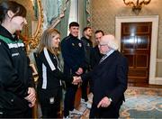 6 February 2024; The President of Ireland Michael D Higgins receives FAI President's Cup representatives, from left, Karen Duggan of Peamount United, Laurie Ryan of Athlone Town, Joe Redmond of St Patrick's Athletic, Lee Grace of Shamrock Rovers and League of Ireland director Mark Scanlon at Áras an Uachtaráin in Dublin. On Friday 9th February, last season’s SSE Airtricity Men’s Premier Division champions Shamrock Rovers will play the 2023 Sports Direct Men’s FAI Cup winners St Patrick’s Athletic. On Saturday 2 March, 2023 Sports Direct FAI Women's Cup winners Athlone Town will play the SSE Airtricity Women's Premier Division champions Peamount United at Athlone Town Stadium. Photo by Stephen McCarthy/Sportsfile