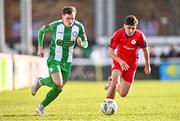 5 February 2024; Callum Thompson of Bray Wanderers and Sean Cummins of Shelbourne during the PTSB Leinster Senior Cup match between Bray Wanderers and Shelbourne at Carlisle Grounds in Bray, Wicklow. Photo by Ben McShane/Sportsfile
