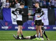 6 February 2024; Robert Horan and Tom Martin of Newbridge College after their side's defeat in the Bank of Ireland Leinster Schools Junior Cup Round 1 match between Newbridge College and Terenure College at Energia Park in Dublin. Photo by Harry Murphy/Sportsfile