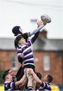 6 February 2024; Jack Garvey of Newbridge College wins possession in the lineout against Senan Gavin of Terenure College during the Bank of Ireland Leinster Schools Junior Cup Round 1 match between Newbridge College and Terenure College at Energia Park in Dublin. Photo by Harry Murphy/Sportsfile