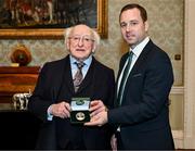 6 February 2024; The President of Ireland Michael D Higgins with League of Ireland director Mark Scanlon at the receiving of the FAI President's Cup representatives at Áras an Uachtaráin in Dublin. On Friday 9th February, last season’s SSE Airtricity Men’s Premier Division champions Shamrock Rovers will play the 2023 Sports Direct Men’s FAI Cup winners St Patrick’s Athletic. On Saturday 2 March, 2023 Sports Direct FAI Women's Cup winners Athlone Town will play the SSE Airtricity Women's Premier Division champions Peamount United at Athlone Town Stadium. Photo by Stephen McCarthy/Sportsfile