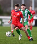 5 February 2024; Aaron Maloney of Shelbourne and Callum Thompson of Bray Wanderers during the PTSB Leinster Senior Cup match between Bray Wanderers and Shelbourne at Carlisle Grounds in Bray, Wicklow. Photo by Ben McShane/Sportsfile