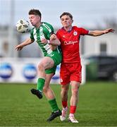 5 February 2024; Zach Nolan of Bray Wanderers and Fiachra Coffey of Shelbourne during the PTSB Leinster Senior Cup match between Bray Wanderers and Shelbourne at Carlisle Grounds in Bray, Wicklow. Photo by Ben McShane/Sportsfile