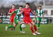 5 February 2024; Lewis Temple of Shelbourne and Callum Thompson of Bray Wanderers during the PTSB Leinster Senior Cup match between Bray Wanderers and Shelbourne at Carlisle Grounds in Bray, Wicklow. Photo by Ben McShane/Sportsfile
