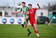 5 February 2024; Zach Nolan of Bray Wanderers and Fiachra Coffey of Shelbourne during the PTSB Leinster Senior Cup match between Bray Wanderers and Shelbourne at Carlisle Grounds in Bray, Wicklow. Photo by Ben McShane/Sportsfile
