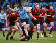 6 February 2024; Philip Lynch of St Michaels College is tackled by Samuel Fenik Jones of Kilkenny College during the Bank of Ireland Leinster Schools Junior Cup Round 1 match between Kilkenny College and St Michael's College at Energia Park in Dublin. Photo by Harry Murphy/Sportsfile