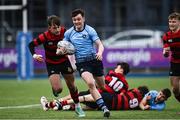 6 February 2024; Matthew McCarthy of St Michaels College on his way to scoring his side's third try during the Bank of Ireland Leinster Schools Junior Cup Round 1 match between Kilkenny College and St Michael's College at Energia Park in Dublin. Photo by Harry Murphy/Sportsfile