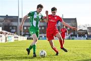 5 February 2024; Callum Thompson of Bray Wanderers and Taylor McCarthy of Shelbourne during the PTSB Leinster Senior Cup match between Bray Wanderers and Shelbourne at Carlisle Grounds in Bray, Wicklow. Photo by Ben McShane/Sportsfile