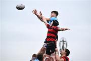 6 February 2024; Sam Carter of Kilkenny College contests a lineout with Dara Elliott of St Michaels College during the Bank of Ireland Leinster Schools Junior Cup Round 1 match between Kilkenny College and St Michael's College at Energia Park in Dublin. Photo by Harry Murphy/Sportsfile
