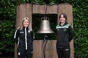 6 February 2024; Laurie Ryan of Athlone Town, left, and Karen Duggan of Peamount United at the Peace Bell during a tour of Áras an Uachtaráin after FAI President's Cup representatives were received by The President of Ireland Michael D Higgins at Áras an Uachtaráin in Dublin. On Friday 9th February, last season’s SSE Airtricity Men’s Premier Division champions Shamrock Rovers will play the 2023 Sports Direct Men’s FAI Cup winners St Patrick’s Athletic. On Saturday 2 March, 2023 Sports Direct FAI Women's Cup winners Athlone Town will play the SSE Airtricity Women's Premier Division champions Peamount United at Athlone Town Stadium. Photo by Stephen McCarthy/Sportsfile