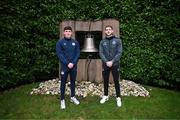 6 February 2024; Joe Redmond of St Patrick's Athletic and Lee Grace of Shamrock Rovers at the Peace Bell during a tour of Áras an Uachtaráin after FAI President's Cup representatives were received by The President of Ireland Michael D Higgins at Áras an Uachtaráin in Dublin. On Friday 9th February, last season’s SSE Airtricity Men’s Premier Division champions Shamrock Rovers will play the 2023 Sports Direct Men’s FAI Cup winners St Patrick’s Athletic. On Saturday 2 March, 2023 Sports Direct FAI Women's Cup winners Athlone Town will play the SSE Airtricity Women's Premier Division champions Peamount United at Athlone Town Stadium. Photo by Stephen McCarthy/Sportsfile