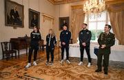 6 February 2024; Tommy Martin of The President of Ireland's aide-de-camp office, with, from left, Karen Duggan of Peamount United, Laurie Ryan of Athlone Town, Joe Redmond of St Patrick's Athletic and Lee Grace of Shamrock Rovers during a tour of Áras an Uachtaráin after FAI President's Cup representatives were received by The President of Ireland Michael D Higgins at Áras an Uachtaráin in Dublin. On Friday 9th February, last season’s SSE Airtricity Men’s Premier Division champions Shamrock Rovers will play the 2023 Sports Direct Men’s FAI Cup winners St Patrick’s Athletic. On Saturday 2 March, 2023 Sports Direct FAI Women's Cup winners Athlone Town will play the SSE Airtricity Women's Premier Division champions Peamount United at Athlone Town Stadium. Photo by Stephen McCarthy/Sportsfile