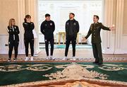 6 February 2024; Tommy Martin of The President of Ireland's aide-de-camp office, with, from left, Laurie Ryan of Athlone Town, Karen Duggan of Peamount United, Joe Redmond of St Patrick's Athletic and Lee Grace of Shamrock Rovers during a tour of Áras an Uachtaráin after FAI President's Cup representatives were received by The President of Ireland Michael D Higgins at Áras an Uachtaráin in Dublin. On Friday 9th February, last season’s SSE Airtricity Men’s Premier Division champions Shamrock Rovers will play the 2023 Sports Direct Men’s FAI Cup winners St Patrick’s Athletic. On Saturday 2 March, 2023 Sports Direct FAI Women's Cup winners Athlone Town will play the SSE Airtricity Women's Premier Division champions Peamount United at Athlone Town Stadium. Photo by Stephen McCarthy/Sportsfile