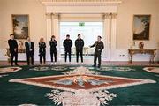 6 February 2024; Tommy Martin of The President of Ireland's aide-de-camp office, with, from left, League of Ireland communications executive Gavin White, League of Ireland director Mark Scanlon, Laurie Ryan of Athlone Town, Karen Duggan of Peamount United, Joe Redmond of St Patrick's Athletic and Lee Grace of Shamrock Rovers during a tour of Áras an Uachtaráin after FAI President's Cup representatives were received by The President of Ireland Michael D Higgins at Áras an Uachtaráin in Dublin. On Friday 9th February, last season’s SSE Airtricity Men’s Premier Division champions Shamrock Rovers will play the 2023 Sports Direct Men’s FAI Cup winners St Patrick’s Athletic. On Saturday 2 March, 2023 Sports Direct FAI Women's Cup winners Athlone Town will play the SSE Airtricity Women's Premier Division champions Peamount United at Athlone Town Stadium. Photo by Stephen McCarthy/Sportsfile