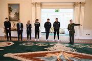 6 February 2024; Tommy Martin of The President of Ireland's aide-de-camp office, with, from left, League of Ireland communications executive Gavin White, League of Ireland director Mark Scanlon, Laurie Ryan of Athlone Town, Karen Duggan of Peamount United, Joe Redmond of St Patrick's Athletic and Lee Grace of Shamrock Rovers during a tour of Áras an Uachtaráin after FAI President's Cup representatives were received by The President of Ireland Michael D Higgins at Áras an Uachtaráin in Dublin. On Friday 9th February, last season’s SSE Airtricity Men’s Premier Division champions Shamrock Rovers will play the 2023 Sports Direct Men’s FAI Cup winners St Patrick’s Athletic. On Saturday 2 March, 2023 Sports Direct FAI Women's Cup winners Athlone Town will play the SSE Airtricity Women's Premier Division champions Peamount United at Athlone Town Stadium. Photo by Stephen McCarthy/Sportsfile