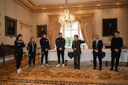 6 February 2024; Tommy Martin of The President of Ireland's aide-de-camp office, with, from left, Karen Duggan of Peamount United, Laurie Ryan of Athlone Town, Joe Redmond of St Patrick's Athletic and Lee Grace of Shamrock Rovers, League of Ireland director Mark Scanlon and League of Ireland communications executive Gavin White during a tour of Áras an Uachtaráin after FAI President's Cup representatives were received by The President of Ireland Michael D Higgins at Áras an Uachtaráin in Dublin. On Friday 9th February, last season’s SSE Airtricity Men’s Premier Division champions Shamrock Rovers will play the 2023 Sports Direct Men’s FAI Cup winners St Patrick’s Athletic. On Saturday 2 March, 2023 Sports Direct FAI Women's Cup winners Athlone Town will play the SSE Airtricity Women's Premier Division champions Peamount United at Athlone Town Stadium. Photo by Stephen McCarthy/Sportsfile