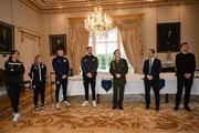 6 February 2024; Tommy Martin of The President of Ireland's aide-de-camp office, with, from left, Karen Duggan of Peamount United, Laurie Ryan of Athlone Town, Joe Redmond of St Patrick's Athletic and Lee Grace of Shamrock Rovers, League of Ireland director Mark Scanlon and League of Ireland communications executive Gavin White during a tour of Áras an Uachtaráin after FAI President's Cup representatives were received by The President of Ireland Michael D Higgins at Áras an Uachtaráin in Dublin. On Friday 9th February, last season’s SSE Airtricity Men’s Premier Division champions Shamrock Rovers will play the 2023 Sports Direct Men’s FAI Cup winners St Patrick’s Athletic. On Saturday 2 March, 2023 Sports Direct FAI Women's Cup winners Athlone Town will play the SSE Airtricity Women's Premier Division champions Peamount United at Athlone Town Stadium. Photo by Stephen McCarthy/Sportsfile