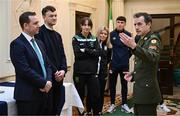 6 February 2024; Tommy Martin of The President of Ireland's aide-de-camp office, with, from left, League of Ireland director Mark Scanlon, League of Ireland communications executive Gavin White, Karen Duggan of Peamount United, Laurie Ryan of Athlone Town and Joe Redmond of St Patrick's Athletic during a tour of Áras an Uachtaráin after FAI President's Cup representatives were received by The President of Ireland Michael D Higgins at Áras an Uachtaráin in Dublin. On Friday 9th February, last season’s SSE Airtricity Men’s Premier Division champions Shamrock Rovers will play the 2023 Sports Direct Men’s FAI Cup winners St Patrick’s Athletic. On Saturday 2 March, 2023 Sports Direct FAI Women's Cup winners Athlone Town will play the SSE Airtricity Women's Premier Division champions Peamount United at Athlone Town Stadium. Photo by Stephen McCarthy/Sportsfile