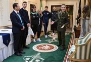 6 February 2024; Tommy Martin of The President of Ireland's aide-de-camp office, with, from left, League of Ireland director Mark Scanlon, League of Ireland communications executive Gavin White, Karen Duggan of Peamount United, Laurie Ryan of Athlone Town and Joe Redmond of St Patrick's Athletic and Lee Grace of Shamrock Rovers during a tour of Áras an Uachtaráin after FAI President's Cup representatives were received by The President of Ireland Michael D Higgins at Áras an Uachtaráin in Dublin. On Friday 9th February, last season’s SSE Airtricity Men’s Premier Division champions Shamrock Rovers will play the 2023 Sports Direct Men’s FAI Cup winners St Patrick’s Athletic. On Saturday 2 March, 2023 Sports Direct FAI Women's Cup winners Athlone Town will play the SSE Airtricity Women's Premier Division champions Peamount United at Athlone Town Stadium. Photo by Stephen McCarthy/Sportsfile
