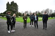 6 February 2024; Tommy Martin of The President of Ireland's aide-de-camp office, with, from left, Karen Duggan of Peamount United, Laurie Ryan of Athlone Town, Lee Grace of Shamrock Rovers, League of Ireland director Mark Scanlon and League of Ireland communications executive Gavin White during a tour of Áras an Uachtaráin after FAI President's Cup representatives were received by The President of Ireland Michael D Higgins at Áras an Uachtaráin in Dublin. On Friday 9th February, last season’s SSE Airtricity Men’s Premier Division champions Shamrock Rovers will play the 2023 Sports Direct Men’s FAI Cup winners St Patrick’s Athletic. On Saturday 2 March, 2023 Sports Direct FAI Women's Cup winners Athlone Town will play the SSE Airtricity Women's Premier Division champions Peamount United at Athlone Town Stadium. Photo by Stephen McCarthy/Sportsfile