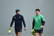 7 February 2024; Jack Crowley and Tom Stewart during an Ireland Rugby squad training session at the IRFU High Performance Centre at the Sport Ireland Campus in Dublin. Photo by Harry Murphy/Sportsfile