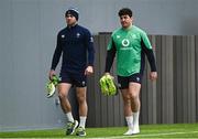 7 February 2024; Jack Crowley and Tom Stewart during an Ireland Rugby squad training session at the IRFU High Performance Centre at the Sport Ireland Campus in Dublin. Photo by Harry Murphy/Sportsfile