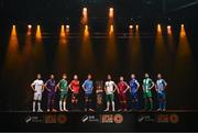 7 February 2024; League of Ireland First Division players, from left, Jarlath Jones of Athlone Town, Ethan Boyle of Wexford, Andy Spain of Kerry FC, Jack Brady of Longford Town, Ronan Finn of UCD, Greg Bolger of Cork City, Conor McCormack of Galway United, Mark Walsh of Treaty United, Killian Cantwell of Bray Wanderers and /Jamie Watson of Finn Harps at the launch of the SSE Airtricity League of Ireland 2024 season held at Vicar Street in Dublin. Photo by Stephen McCarthy/Sportsfile