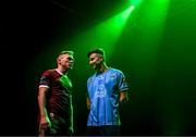 7 February 2024; Conor McCormack of Galway United, left, and Ronan Finn of UCD at the launch of the SSE Airtricity League of Ireland 2024 season held at Vicar Street in Dublin. Photo by Stephen McCarthy/Sportsfile