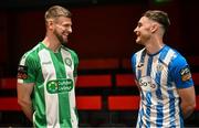7 February 2024; Killian Cantwell of Bray Wanderers, left, and Jamie Watson of Finn Harps at the launch of the SSE Airtricity League of Ireland 2024 season held at Vicar Street in Dublin. Photo by Sam Barnes/Sportsfile