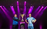 7 February 2024; DLR Waves manager Laura Heffernan, left, and Izzy Finnegan of DLR Waves at the launch of the SSE Airtricity League of Ireland 2024 season held at Vicar Street in Dublin. Photo by Stephen McCarthy/Sportsfile