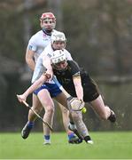 7 February 2024; Ger Browne of TUS Mid West in action against Joe Caesar and Ronan Power, behind, of MICL during the Electric Ireland Higher Education GAA Fitzgibbon Cup quarter-final match between MICL and TUS Mid West at MICL Grounds in Limerick. Photo by Piaras Ó Mídheach/Sportsfile
