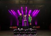7 February 2024; Peamount United manager James O'Callaghan, left, and Erin McLaughlin of Peamount United at the launch of the SSE Airtricity League of Ireland 2024 season held at Vicar Street in Dublin. Photo by Stephen McCarthy/Sportsfile