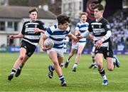 7 February 2024; Donnacha Murray of Blackrock College on his way to scoring his side's second try during Bank of Ireland Leinster Schools Junior Cup Round 1 match between Cistercian College Roscrea and Blackrock College at Energia Park in Dublin. Photo by Tyler Miller/Sportsfile