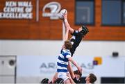 7 February 2024; Patrick Deegan of Cistercian College Roscrea wins possession in a line-out ahead of Daniel English of Blackrock College during Bank of Ireland Leinster Schools Junior Cup Round 1 match between Cistercian College Roscrea and Blackrock College at Energia Park in Dublin. Photo by Tyler Miller/Sportsfile