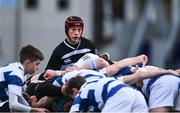 7 February 2024; Jack Duggan of Cistercian College Roscrea watches on a scrum during Bank of Ireland Leinster Schools Junior Cup Round 1 match between Cistercian College Roscrea and Blackrock College at Energia Park in Dublin. Photo by Tyler Miller/Sportsfile