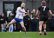 7 February 2024; Shane Meehan of MICL shoots as Jack McCullagh of TUS Mid West, 7, closes in during the Electric Ireland Higher Education GAA Fitzgibbon Cup quarter-final match between MICL and TUS Mid West at MICL Grounds in Limerick. Photo by Piaras Ó Mídheach/Sportsfile