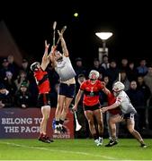 7 February 2024; Gearóid O'Connor of UL in action against Ger Millerick of UCC, left, during the Electric Ireland Higher Education GAA Fitzgibbon Cup quarter-final match between UL and UCC at University of Limerick Grounds in Limerick. Photo by Piaras Ó Mídheach/Sportsfile