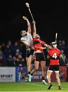 7 February 2024; Gearóid O'Connor of UL wins possession ahead of Joe Fitzpatrick of UCC during the Electric Ireland Higher Education GAA Fitzgibbon Cup quarter-final match between UL and UCC at University of Limerick Grounds in Limerick. Photo by Piaras Ó Mídheach/Sportsfile