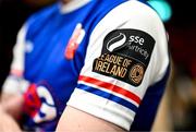 7 February 2024; A detailed view of SSE Airtricity Men's First Division branding on the Treaty United jersey at the launch of the SSE Airtricity League of Ireland 2024 season held at Vicar Street in Dublin. Photo by Sam Barnes/Sportsfile