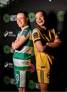 7 February 2024; Áine O'Gorman of Shamrock Rovers, left, and Rachael Kelly of Bohemians at the launch of the SSE Airtricity League of Ireland 2024 season held at Vicar Street in Dublin. Photo by Sam Barnes/Sportsfile