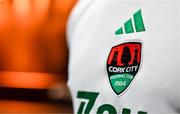 7 February 2024; A detailed view of the crest on the jersey of Cork City at the launch of the SSE Airtricity League of Ireland 2024 season held at Vicar Street in Dublin. Photo by Sam Barnes/Sportsfile