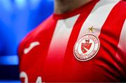 7 February 2024; A detailed view of the crest on the jersey of Sligo Rovers at the launch of the SSE Airtricity League of Ireland 2024 season held at Vicar Street in Dublin. Photo by Sam Barnes/Sportsfile