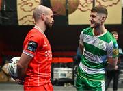 7 February 2024; Lee Grace of Shamrock Rovers, right, in conversation with Mark Coyle of Shelbourne at the launch of the SSE Airtricity League of Ireland 2024 season held at Vicar Street in Dublin. Photo by Sam Barnes/Sportsfile