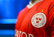 7 February 2024; A detailed view of the crest on the jersey of Shelbourne at the launch of the SSE Airtricity League of Ireland 2024 season held at Vicar Street in Dublin. Photo by Sam Barnes/Sportsfile