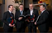 8 February 2024; In attendance at the GAA Annual Report launch are, from left, GAA director of finance Ger Mulryan, Ard Stiúrthóir of the GAA Tom Ryan, Uachtarán Chumann Lúthchleas Gael Larry McCarthy and Croke Park Stadium Director Peter McKenna at Croke Park in Dublin. Photo by Seb Daly/Sportsfile