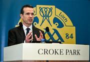 8 February 2024; GAA director of finance Ger Mulryan speaking at the GAA Annual Report launch at Croke Park in Dublin. Photo by Seb Daly/Sportsfile